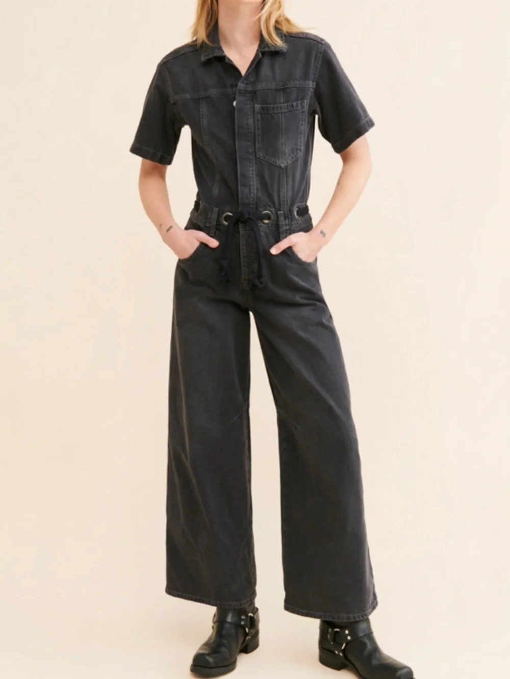 NWT Free People We The Free Edison Wide-Leg Black Denim Coverall Size XS - Picture 1 of 13